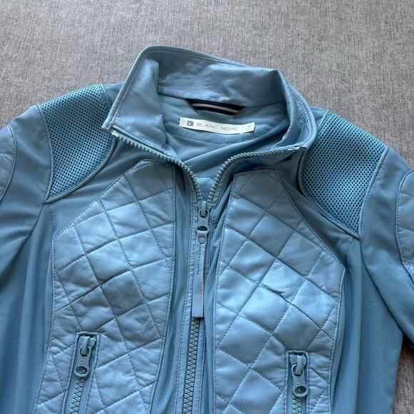 Blanc Noir Blue Leather Moto Mesh Jacket - Picture 9 of 12